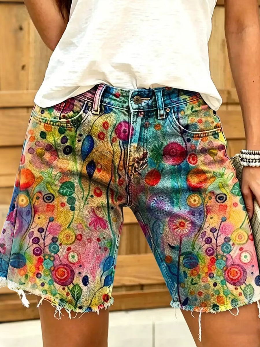 Damen-Retro-Ölgemälde Blumen druck Shorts
