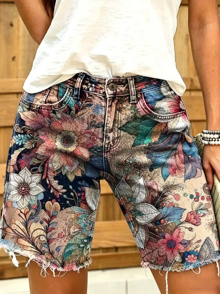 Damen-Shorts im Retro-Stil mit Ölgemälde-Blumenmuster