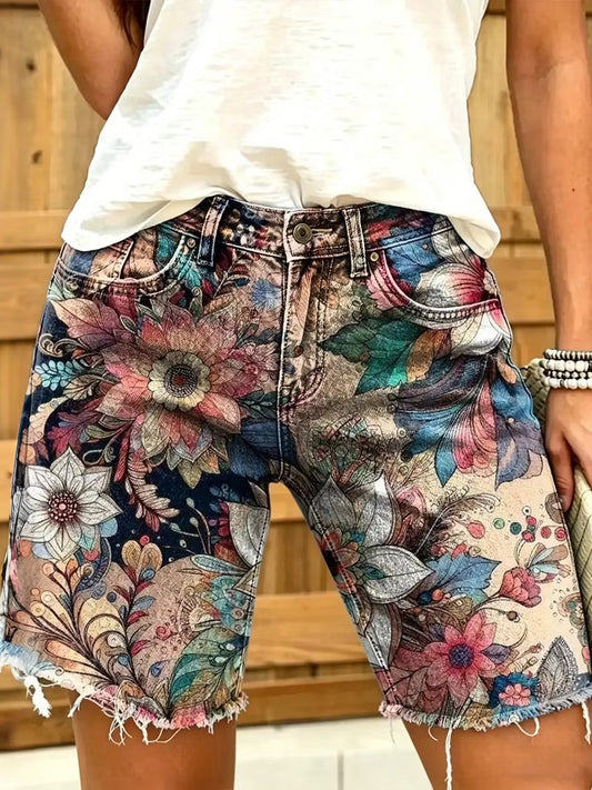 Damen-Shorts im Retro-Stil mit Ölgemälde-Blumenmuster