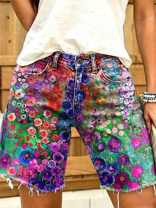 Damen-Shorts im Retro-Stil mit Ölgemälde-Blumenmuster