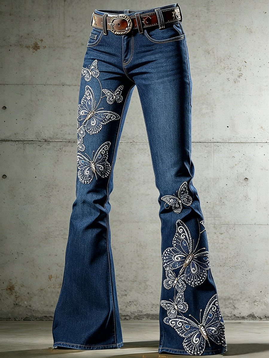 Damenhose mit Kunst- und Tiermotiv, Schmetterlingsdruck, ausgestellte Form