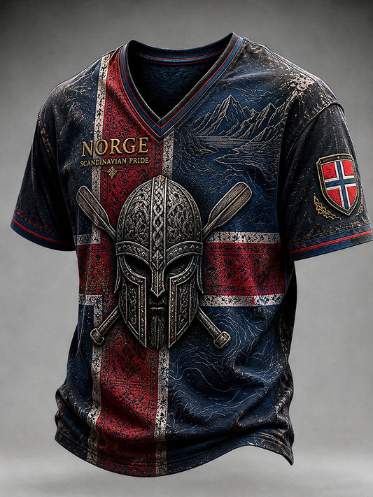 Herren-Retro-T-Shirt im nordischen Stil mit norwegischem Kunstdruck, lässig geschnitten