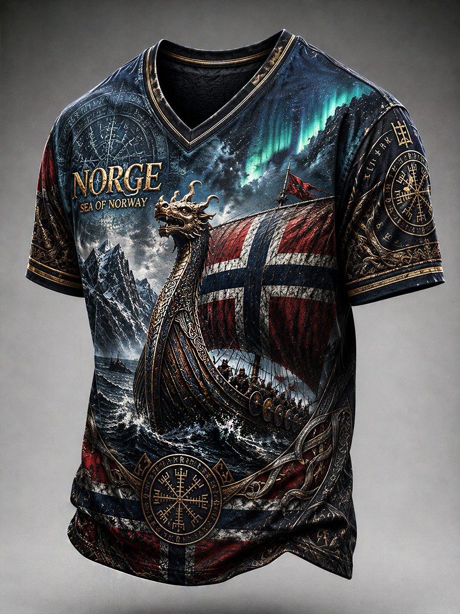 Herren-Retro-T-Shirt im nordischen Stil mit norwegischem Kunstdruck, lässig geschnitten