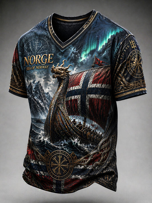 Herren-Retro-T-Shirt im nordischen Stil mit norwegischem Kunstdruck, lässig geschnitten