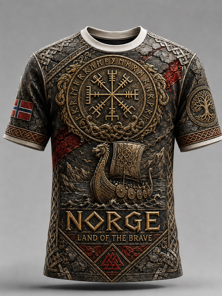 Herren-Retro-T-Shirt im nordischen Stil mit norwegischem Kunstdruck, lässig geschnitten
