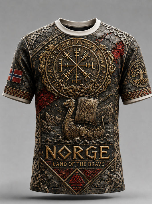 Herren-Retro-T-Shirt im nordischen Stil mit norwegischem Kunstdruck, lässig geschnitten