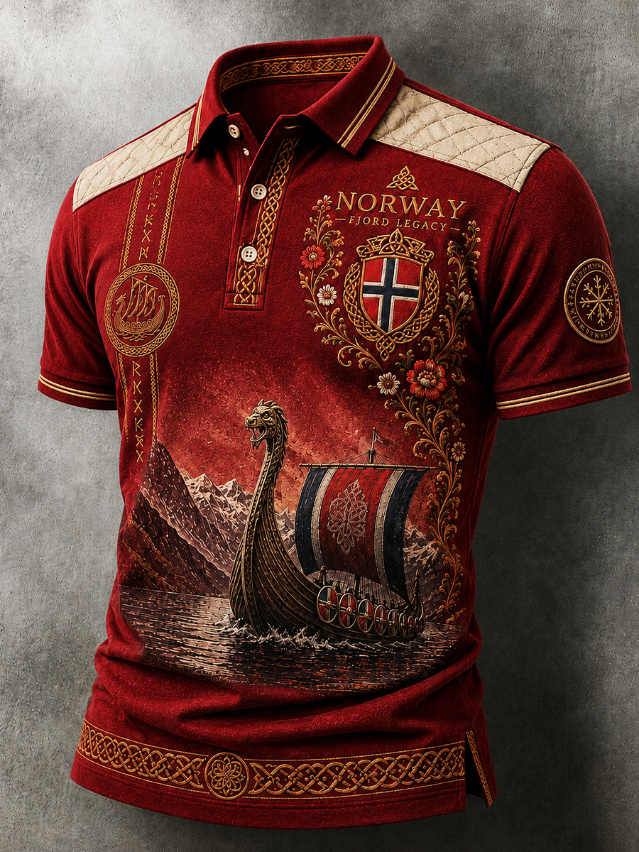 Herren-Poloshirt im Retro-Nordic-Stil mit norwegischem Kunstdruck