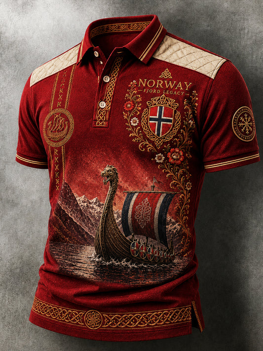 Herren-Poloshirt im Retro-Nordic-Stil mit norwegischem Kunstdruck