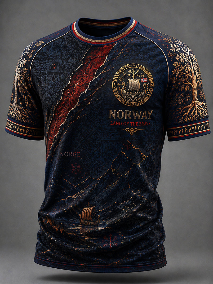 Herren-Retro-T-Shirt im nordischen Stil mit norwegischem Kunstdruck, lässig geschnitten