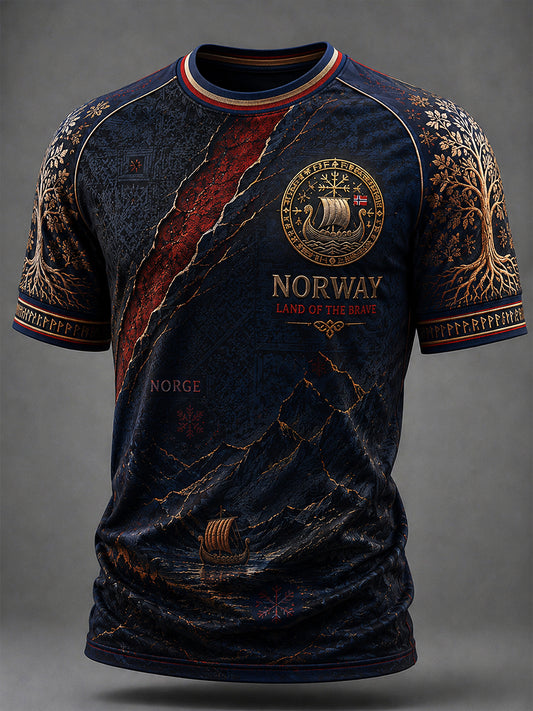 Herren-Retro-T-Shirt im nordischen Stil mit norwegischem Kunstdruck, lässig geschnitten