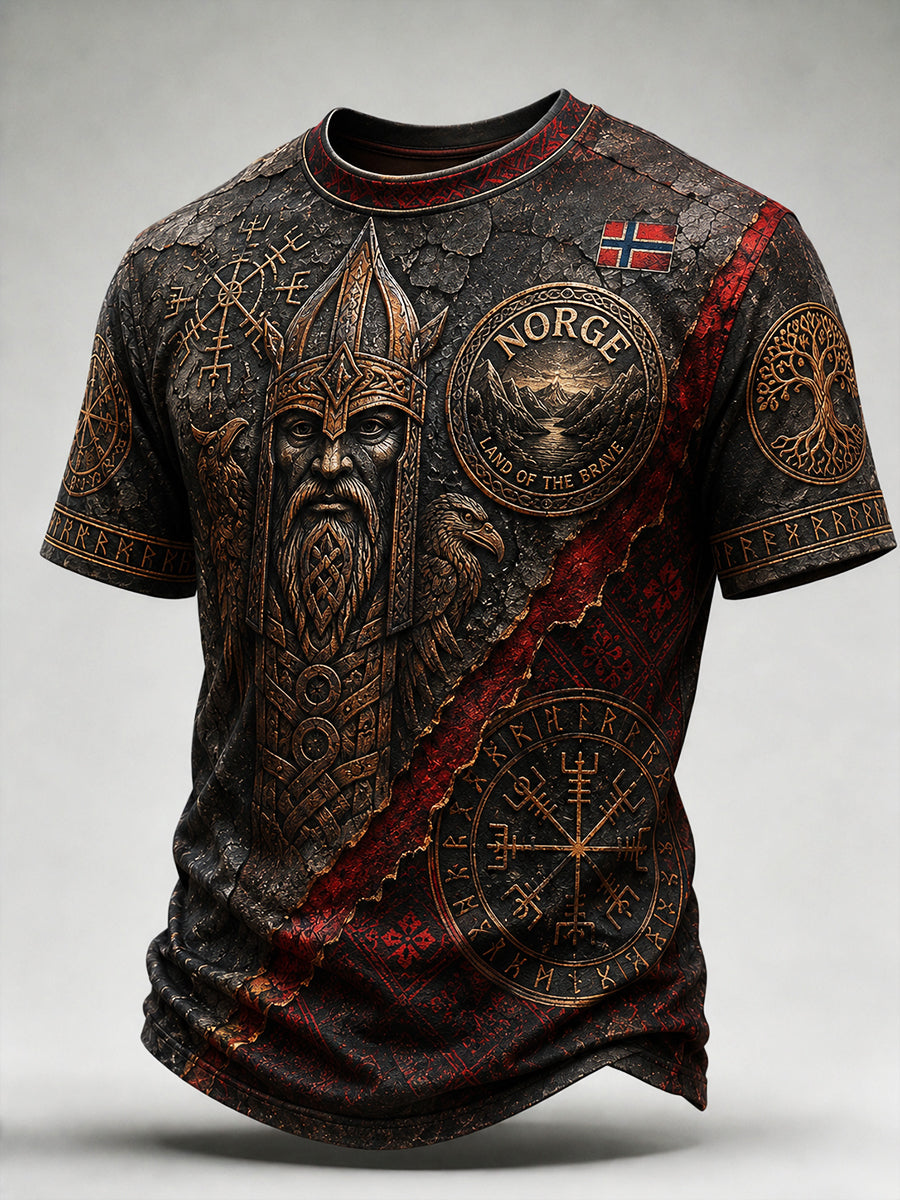 Herren-Retro-T-Shirt im nordischen Stil mit norwegischem Kunstdruck, lässig geschnitten