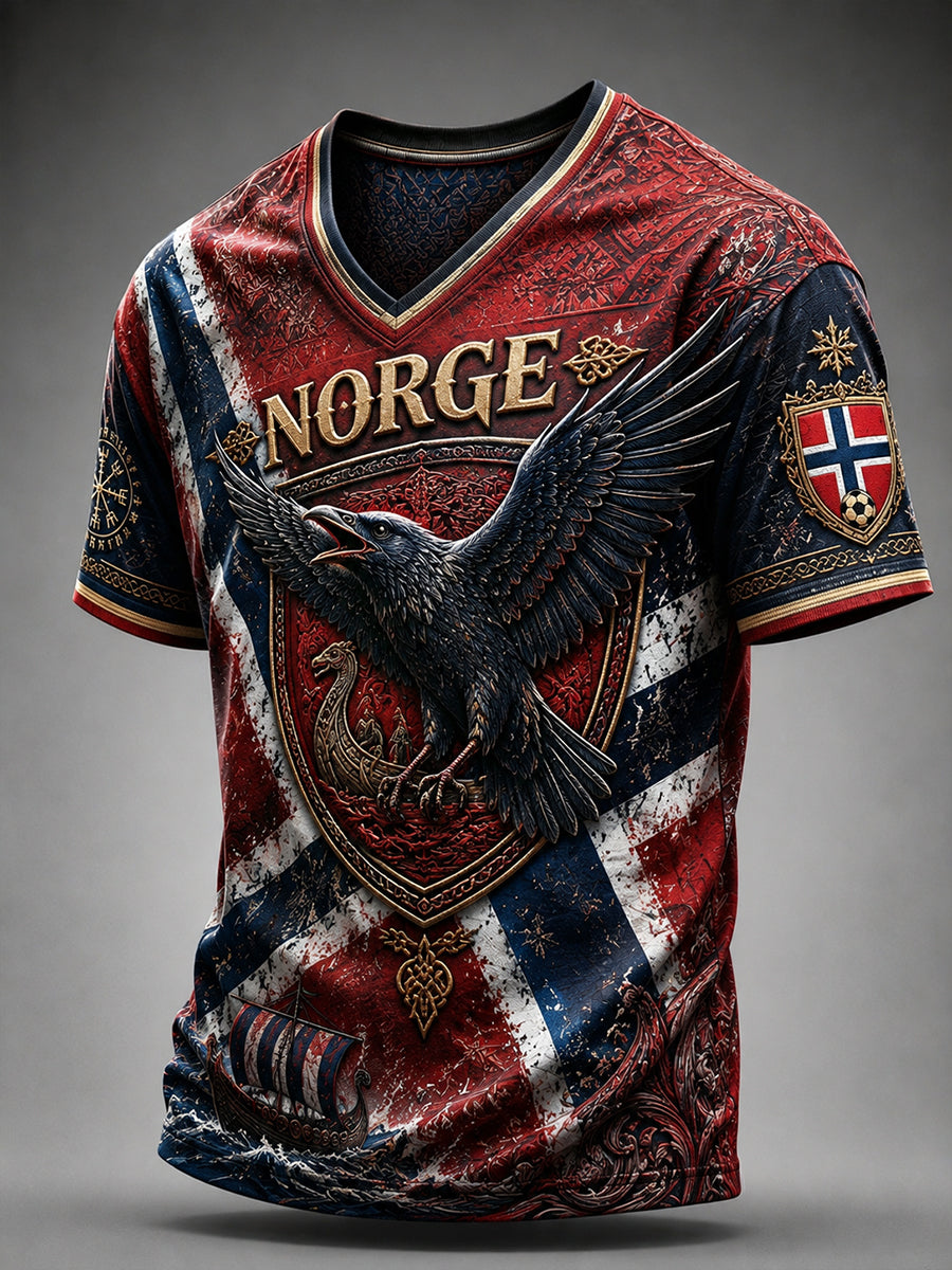 Herren-Retro-T-Shirt im nordischen Stil mit norwegischem Kunstdruck, lässig geschnitten