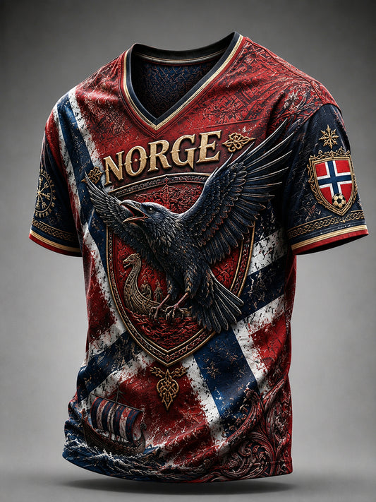 Herren-Retro-T-Shirt im nordischen Stil mit norwegischem Kunstdruck, lässig geschnitten