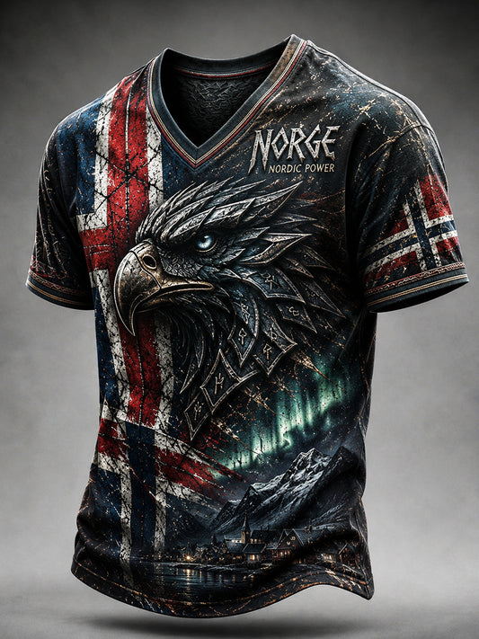 Herren-Retro-T-Shirt im nordischen Stil mit norwegischem Kunstdruck, lässig geschnitten