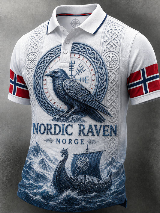 Herren-Poloshirt im Retro-Nordic-Stil mit norwegischem Kunstdruck
