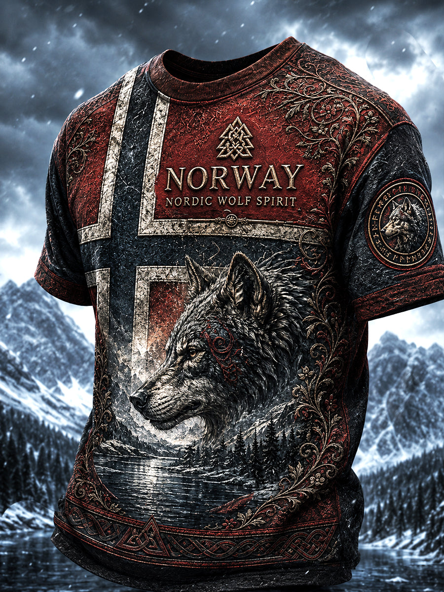 Herren-T-Shirt im Retro-Nordic-Stil mit norwegischem Kunstdruck