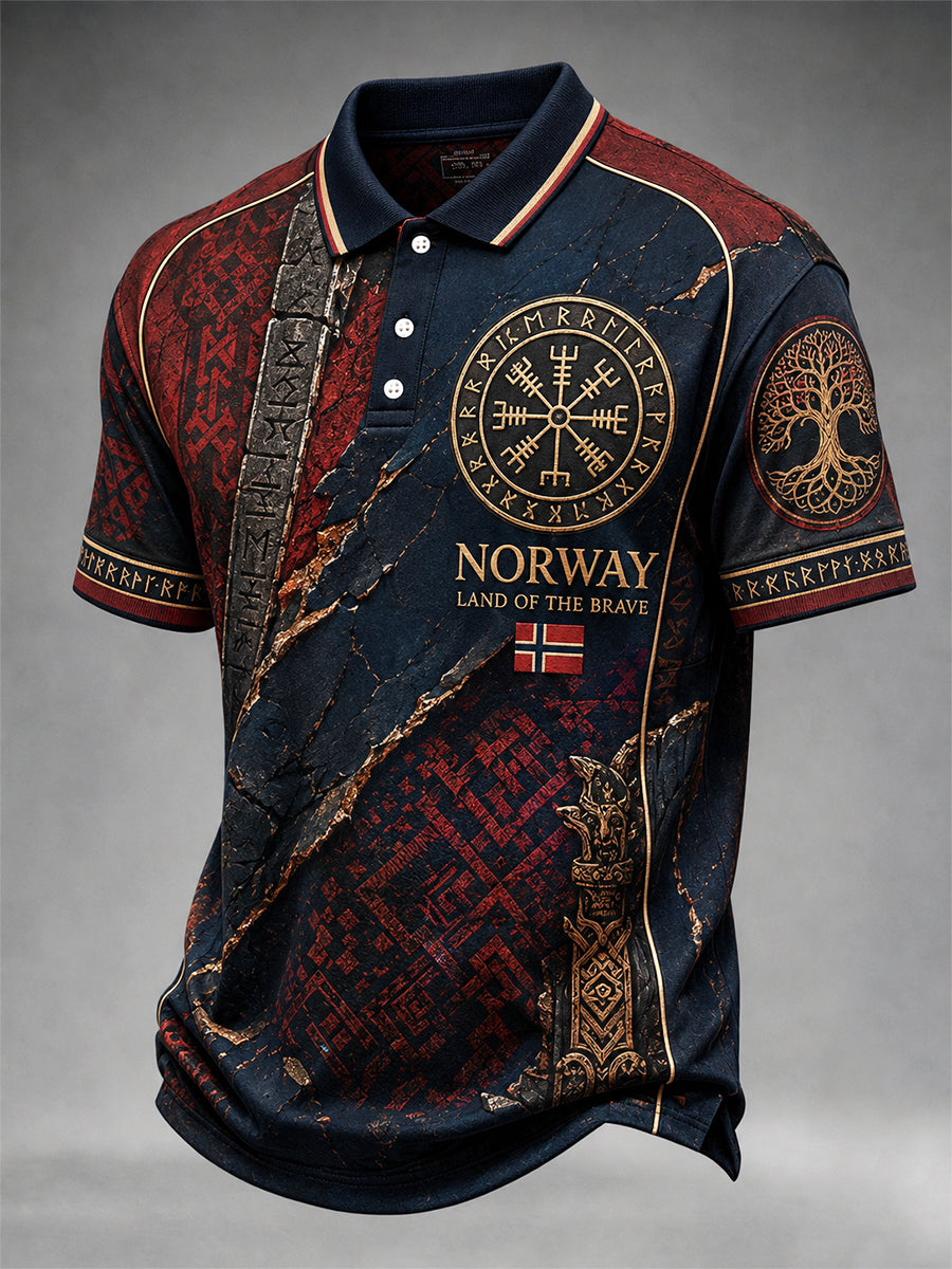 Herren-Poloshirt im Retro-Nordic-Stil mit norwegischem Kunstdruck