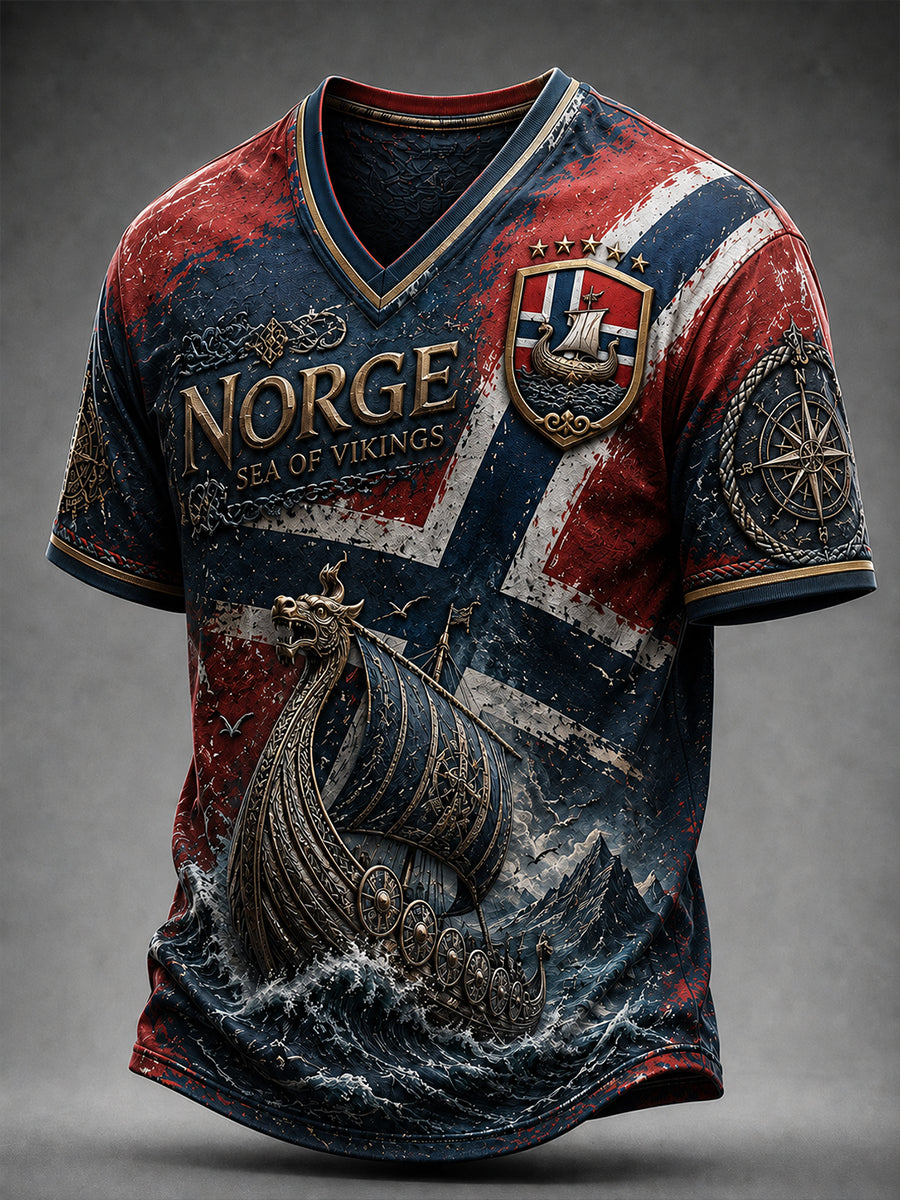 Herren-T-Shirt im Retro-Nordic-Stil mit norwegischem Kunstdruck