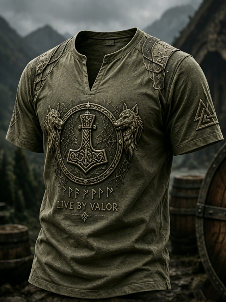 Herren-Retro-Top mit Wikinger-Print, V-Ausschnitt und kurzen Ärmeln
