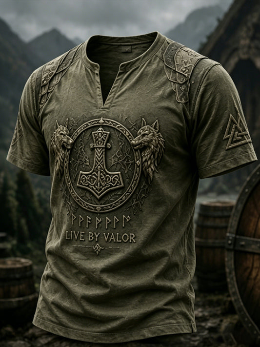 Herren-Retro-Top mit Wikinger-Print, V-Ausschnitt und kurzen Ärmeln