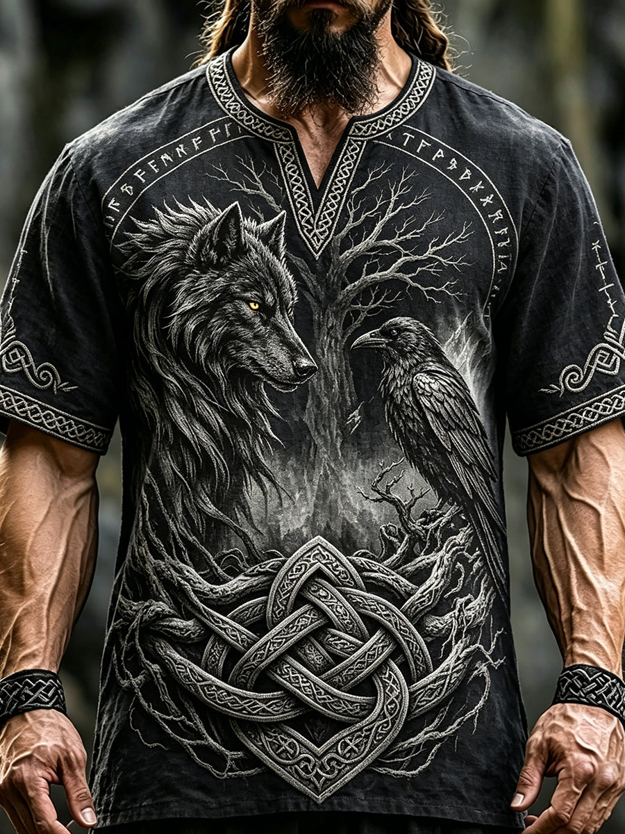 Herren-Vintage-T-Shirt aus Leinen mit gedrucktem keltischem Wikinger-Motiv: Wolf und Rabe