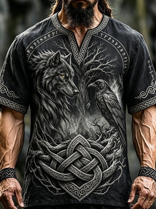 Herren-Vintage-T-Shirt aus Leinen mit gedrucktem keltischem Wikinger-Motiv: Wolf und Rabe