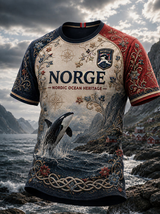 Herren-T-Shirt im Retro-Nordic-Stil mit norwegischem Kunstdruck