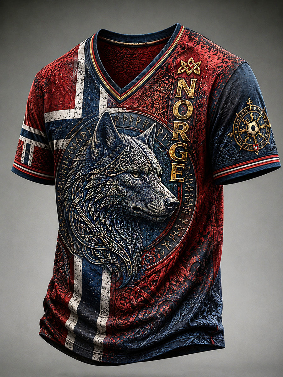 Herren-Retro-T-Shirt im nordischen Stil mit norwegischem Kunstdruck, lässig geschnitten