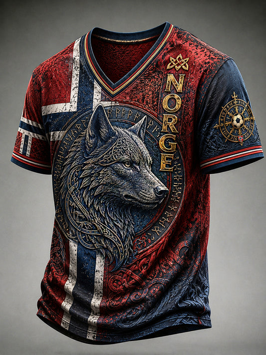 Herren-Retro-T-Shirt im nordischen Stil mit norwegischem Kunstdruck, lässig geschnitten