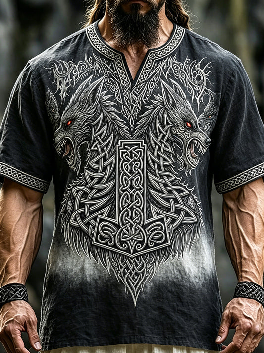 Herren-Vintage-T-Shirt aus Leinen mit keltischem Wolfsmotiv im Wikingerstil