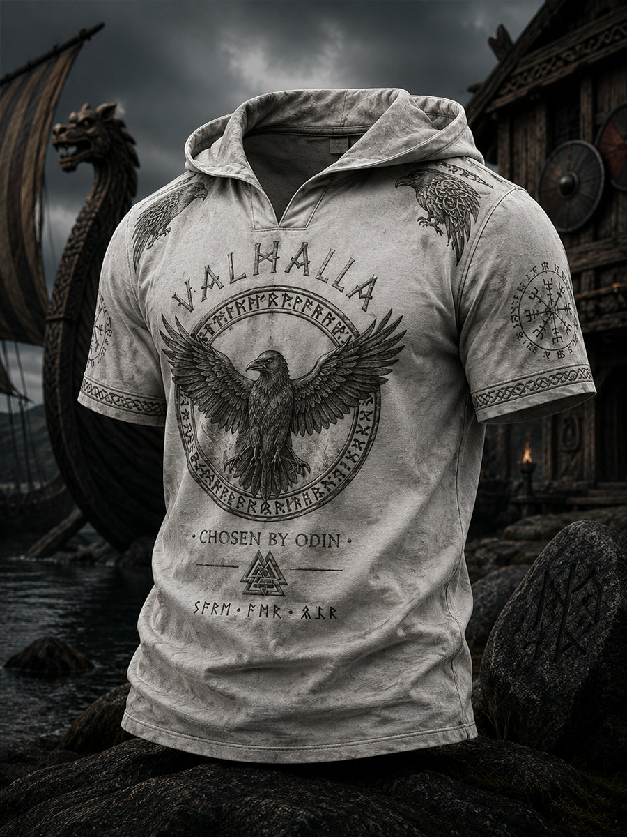 Herren-Top mit Retro-Viking-Print, kurzen Ärmeln und Kapuze