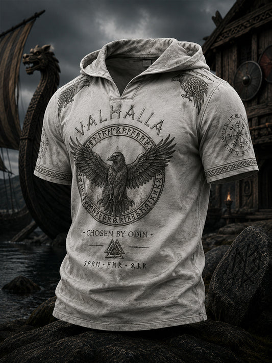 Herren-Top mit Retro-Viking-Print, kurzen Ärmeln und Kapuze