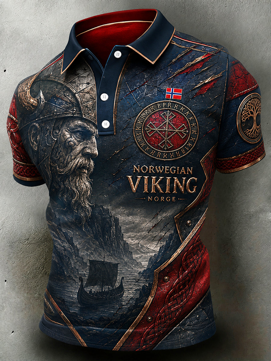 Herren-Poloshirt im Retro-Nordic-Stil mit norwegischem Kunstdruck