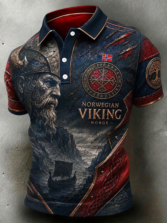 Herren-Poloshirt im Retro-Nordic-Stil mit norwegischem Kunstdruck