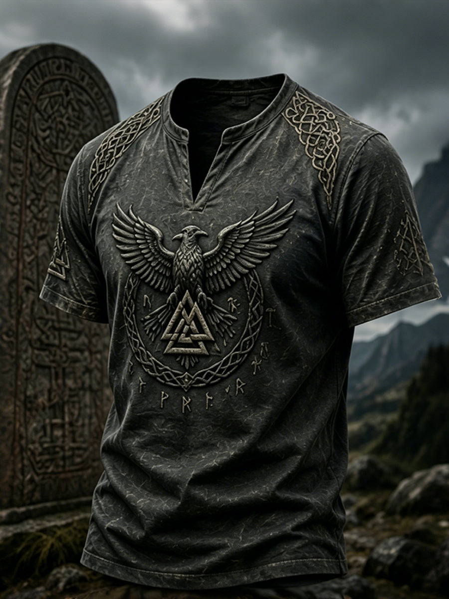 Herren-Retro-Top mit Wikinger-Print, V-Ausschnitt und kurzen Ärmeln