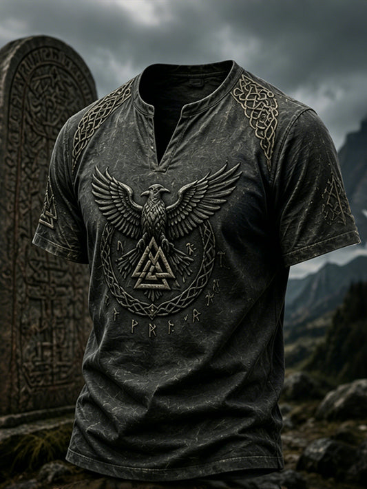 Herren-Retro-Top mit Wikinger-Print, V-Ausschnitt und kurzen Ärmeln