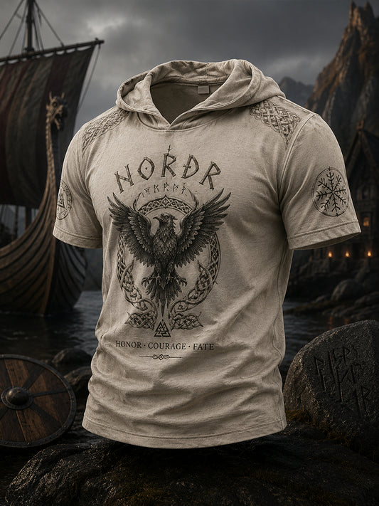 Herren-Top mit Retro-Viking-Print, kurzen Ärmeln und Kapuze