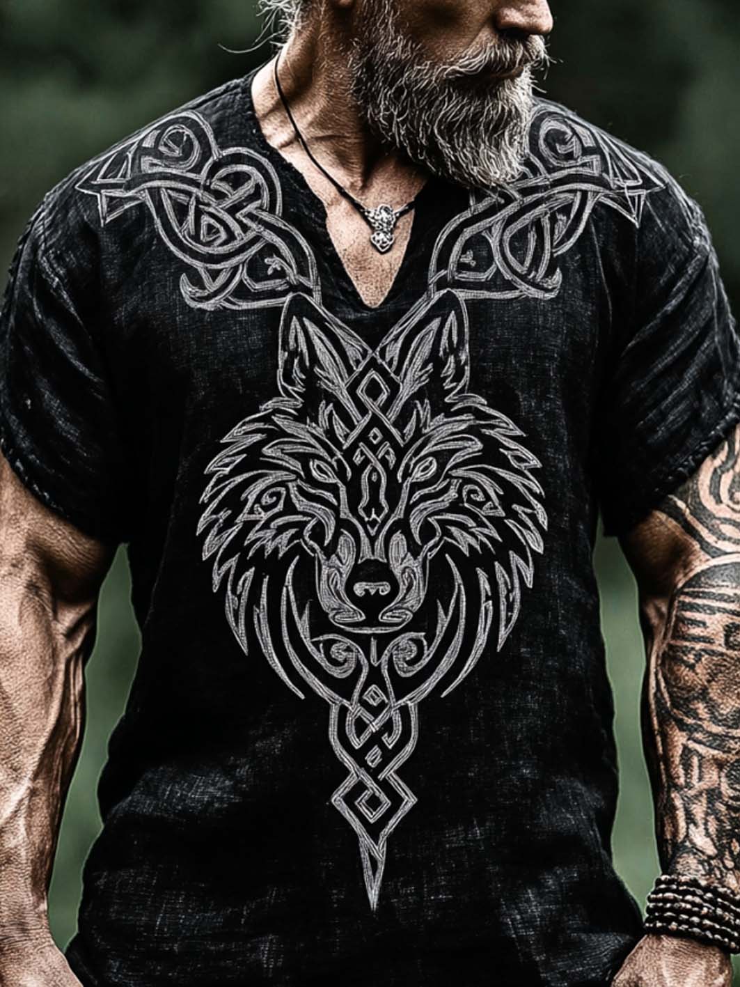 Herren-Retro-Hemd aus Baumwolle-Leinen mit nordischer Mythologie und Wikinger-Motiv
