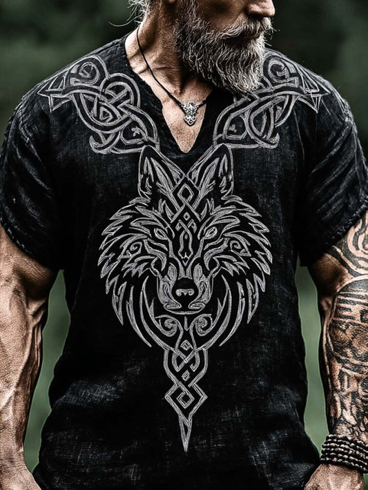 Herren-Retro-Hemd aus Baumwolle-Leinen mit nordischer Mythologie und Wikinger-Motiv