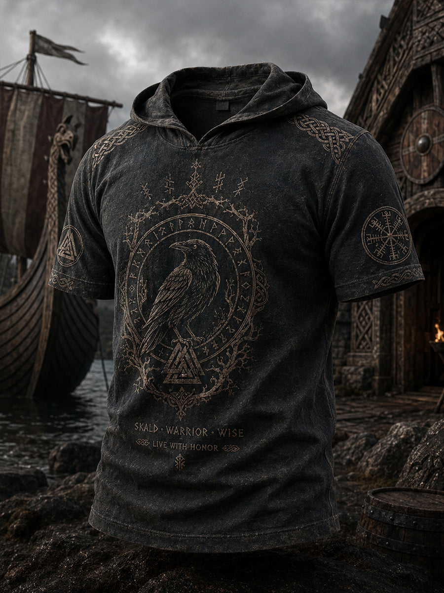 Herren-Top mit Retro-Viking-Print, kurzen Ärmeln und Kapuze