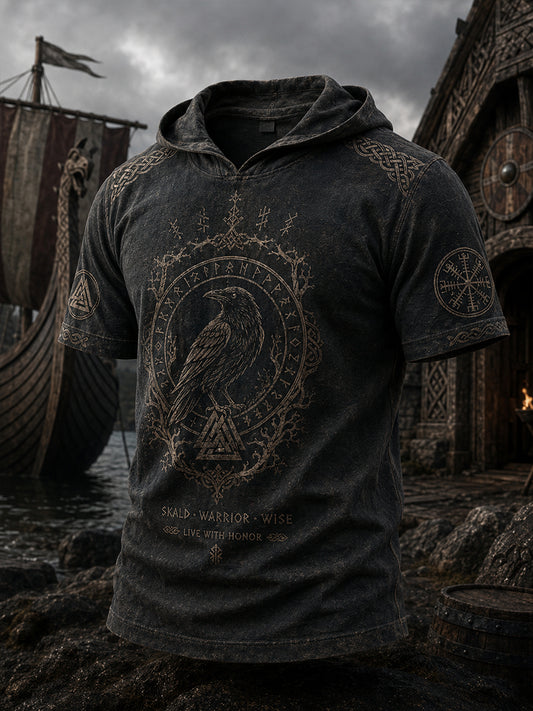 Herren-Top mit Retro-Viking-Print, kurzen Ärmeln und Kapuze