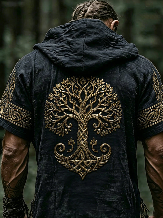 Herren-Top mit Retro-Viking-Print, kurzen Ärmeln und Kapuze