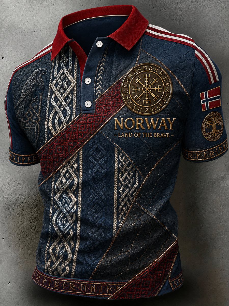 Herren Retro-Polo-Shirt im nordischen Stil mit norwegischem Kunstdruck