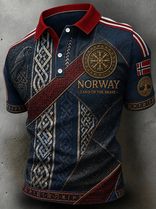 Herren Retro-Polo-Shirt im nordischen Stil mit norwegischem Kunstdruck