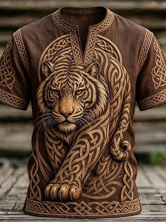 Herren-Retro-Linien-T-Shirt im Wikinger-Stil mit keltischem Tigermuster