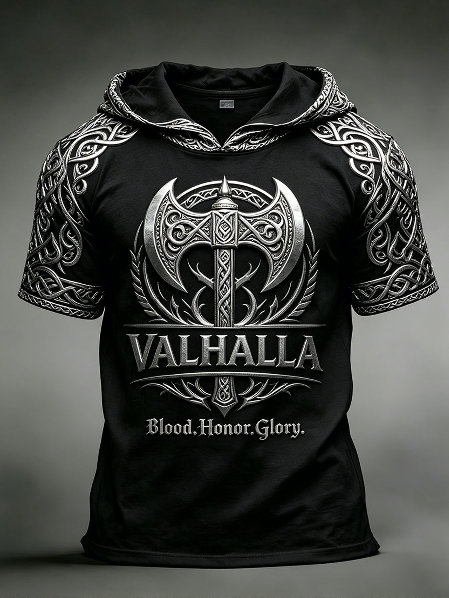 Herren-Top mit Retro-Viking-Print, kurzen Ärmeln und Kapuze