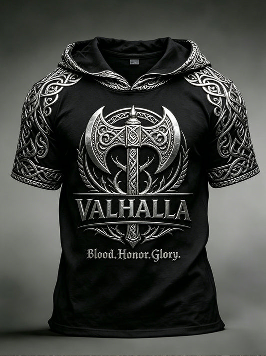 Herren-Top mit Retro-Viking-Print, kurzen Ärmeln und Kapuze