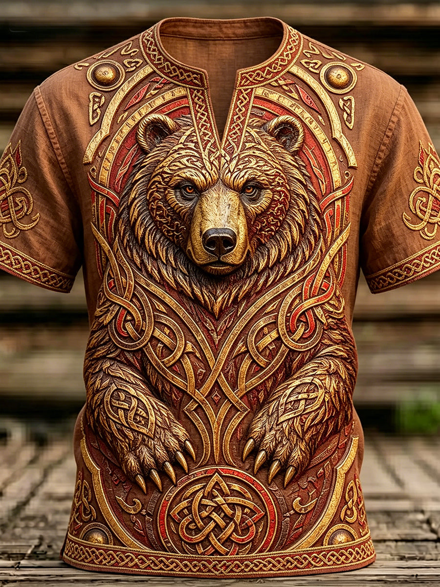 Herren-Vintage-T-Shirt aus Leinen mit Wikinger‑Keltischer Berserker‑Bären‑Print