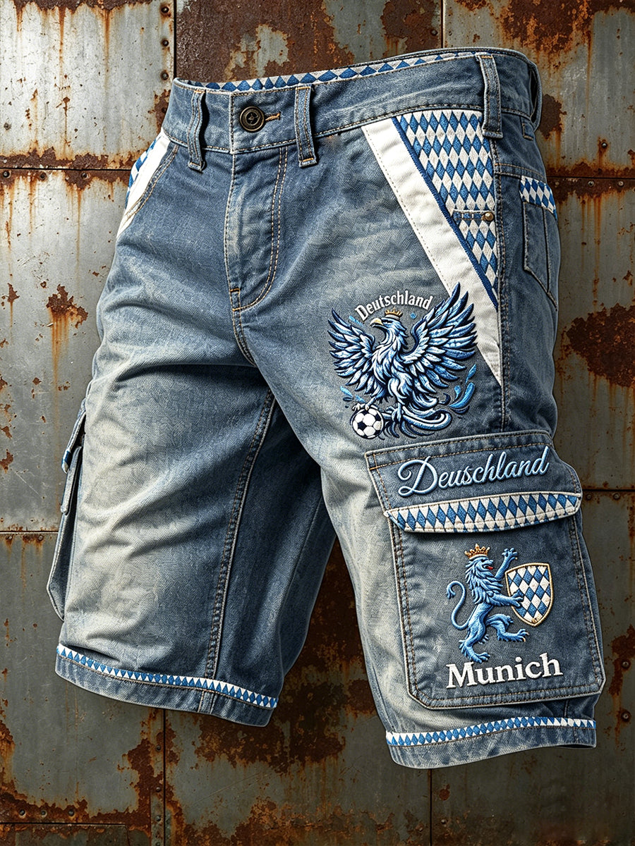 Herren-Shorts im deutschen Fußball‑Stil mit Bayern-Motiv, im Denim‑Look, lässig und für die Arbeit geeignet