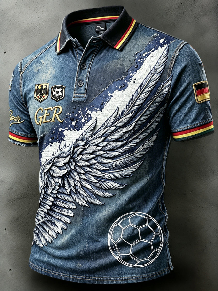 Herren-Fußball-Polo-Shirt aus Denim mit deutschem Fußball-Print, lässig geschnitten